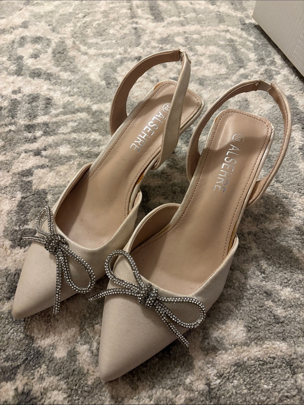 Women's Beige Pointed Slingback Heels with Rhinestone Bow